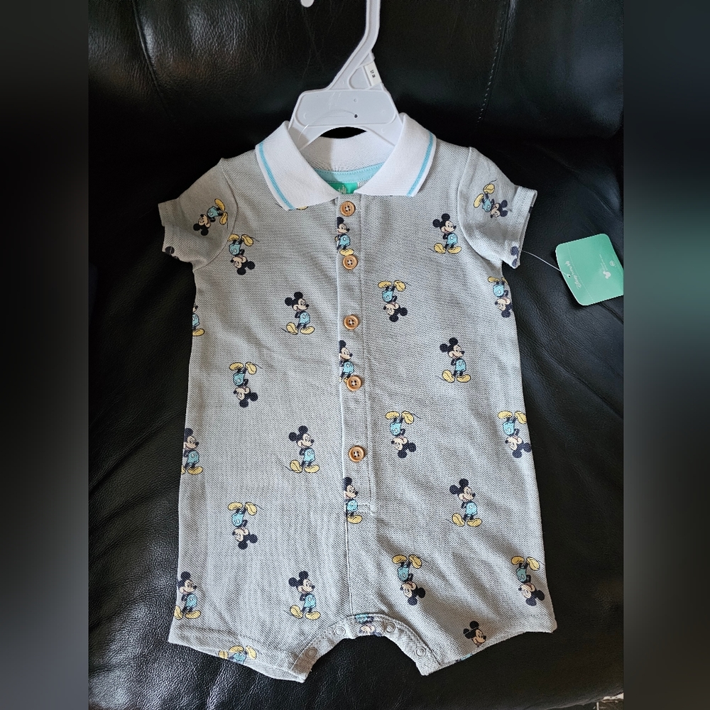 NWT Disney Baby 1 piece shorts romper with Mickey Mouse-light gray and blue 12M